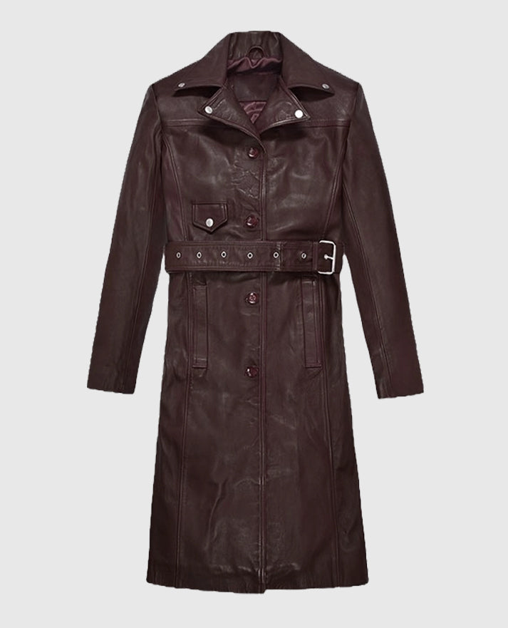 Eiza Gonzalez Leather Burgundy Long Coat