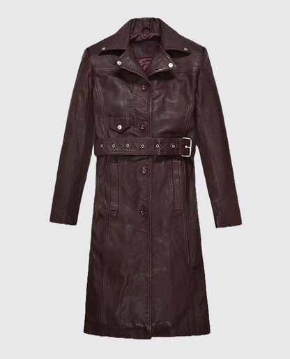 Eiza Gonzalez Leather Burgundy Long Coat