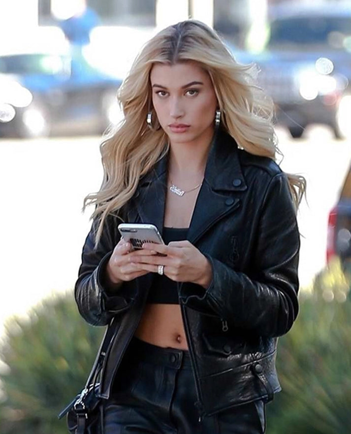 Hailey Baldwin Bieber Black Leather Biker Jacket