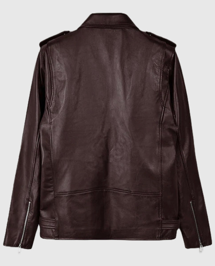 Joe Jonas Leather Jacket in Maroon 
