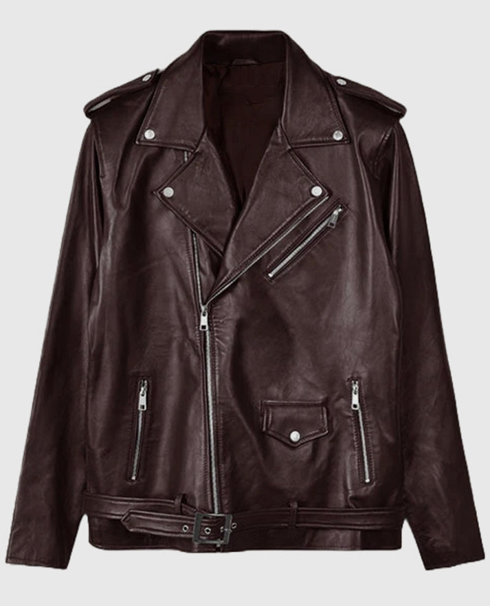 Joe Jonas Leather Jacket in Maroon Color