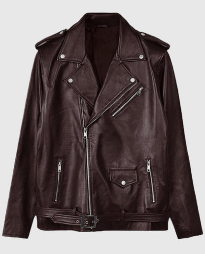 Joe Jonas Leather Jacket in Maroon Color