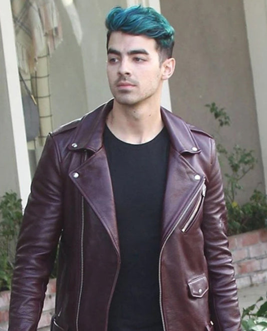 Joe Jonas Maroon Leather Jacket