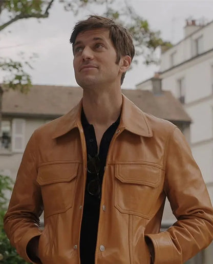 Lucas Bravo Emily In Paris Leather Brown Jacket