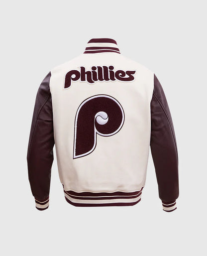 MLB Philadelphia Phillies Men's Rib Wool White/Brown Varsity Jacket