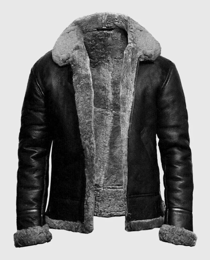 Men's FUR Aviator Flying Pilot Bomber Black Jacket