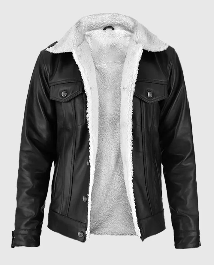 Men's Black Leather Sherpa Style Jacket