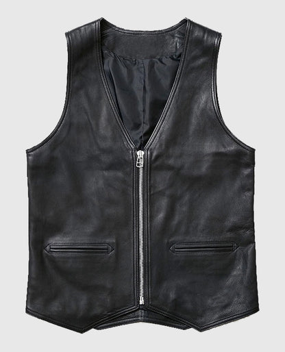 Mens Stylish V-Neck Black Leather Vest