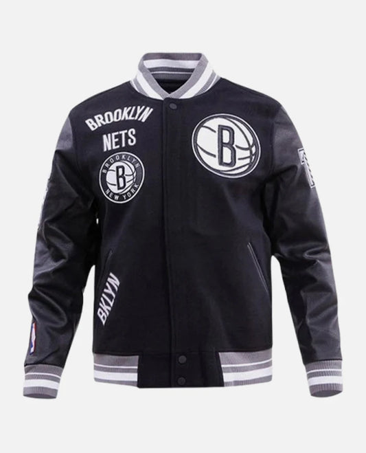 NBA Brooklyn Nets Mens Rib Wool Black Varsity Jacket