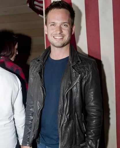 Patrick J Adams Black Biker Leather Jacket