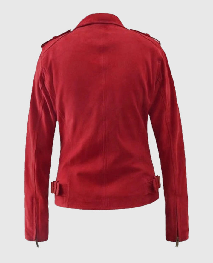 Red Suede Biker Leather Jacket For Women