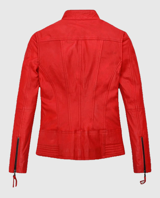 Red Washed and Wax Leather Jacket For Women