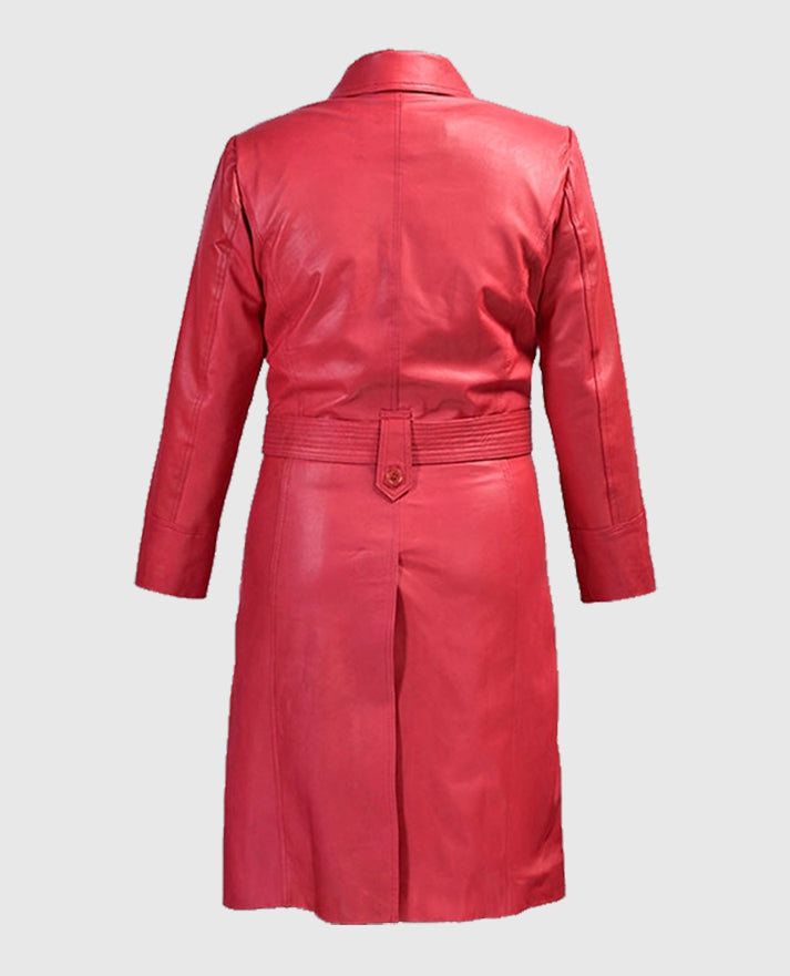 Soft Raspberry Red Rita Ora Leather Long Trench Coat