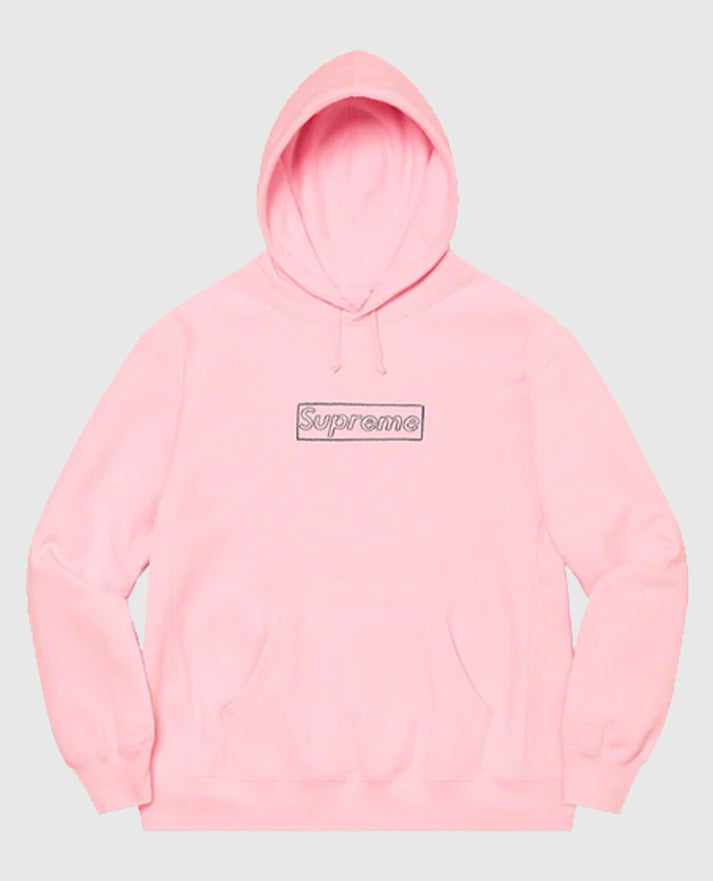 Supreme KAWS Chalk Logo Yellow Fleece Pink Hooded Sweatshirt
