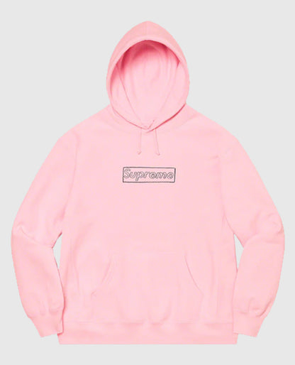 Supreme KAWS Chalk Logo Yellow Fleece Pink Hooded Sweatshirt