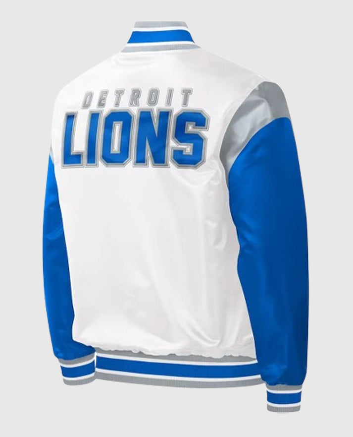 Throwback Warm Up Pitch Detroit Lions Varsity White Satin Jacket
