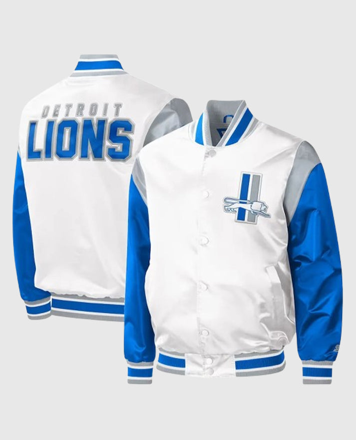 Throwback Warm Up Pitch Detroit Lions White Varsity Satin Jacket