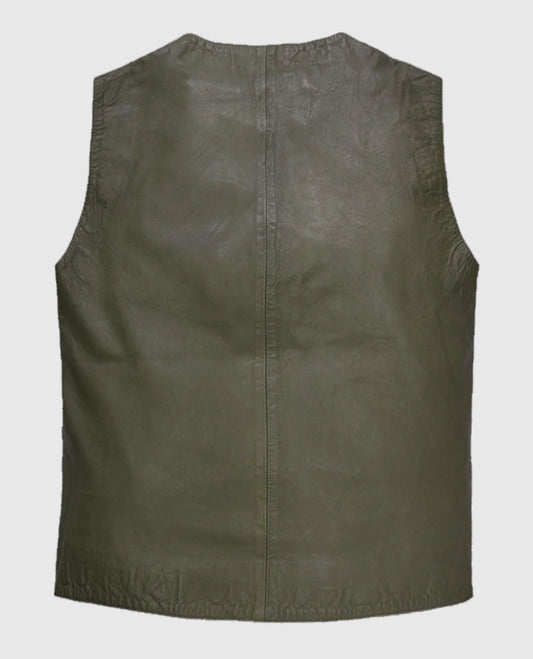 Washed and Wax Green Basicallo Leather Vest For Men