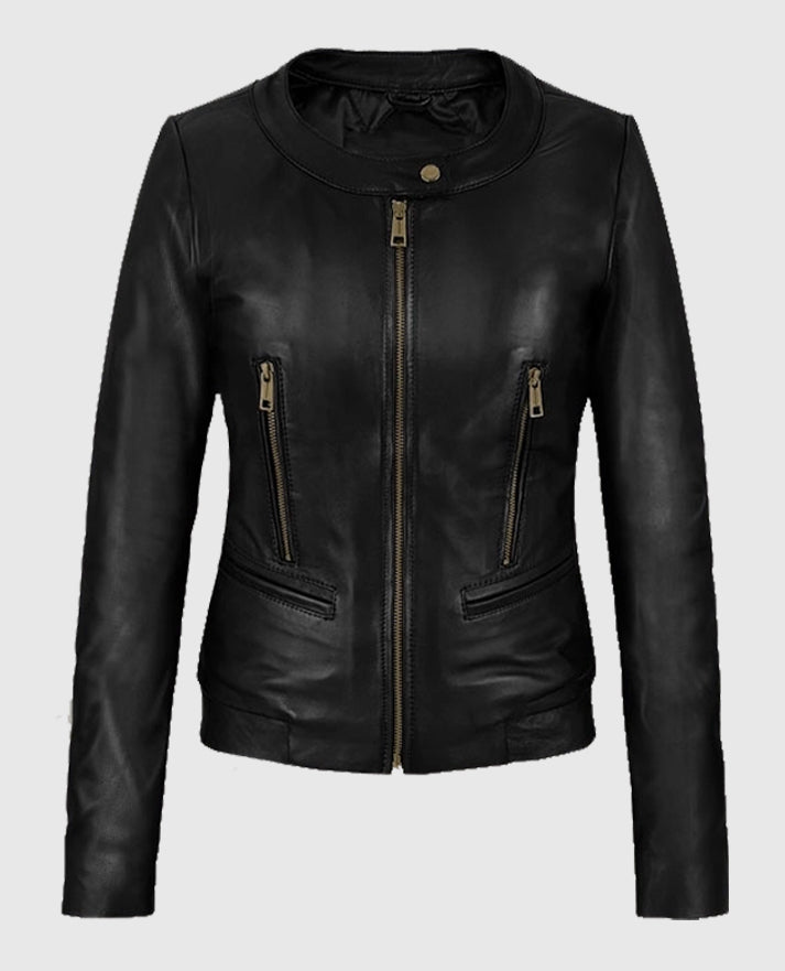 Women Black Cafe Racer Leather Jacket