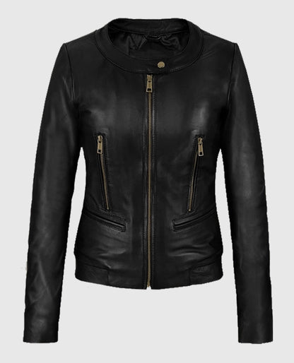 Women Black Cafe Racer Leather Jacket