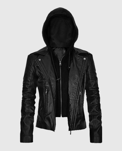 Womens Hooded Biker Leather Jacket