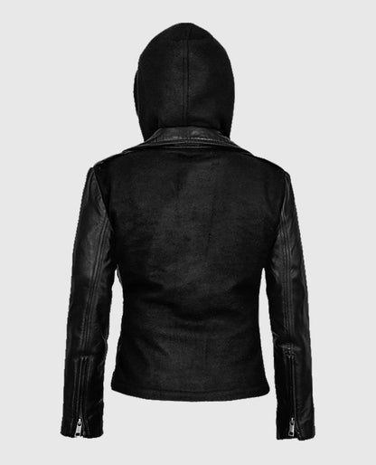 Womens Hooded Black Biker Leather Jacket