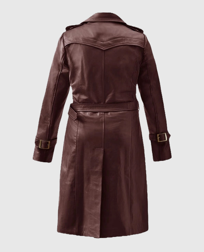 Womens Maroon Wax Halcon Soft Brown Leather Trench Coat