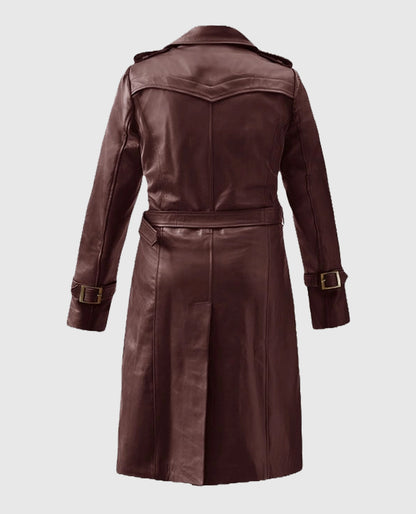 Womens Maroon Wax Halcon Soft Brown Leather Trench Coat