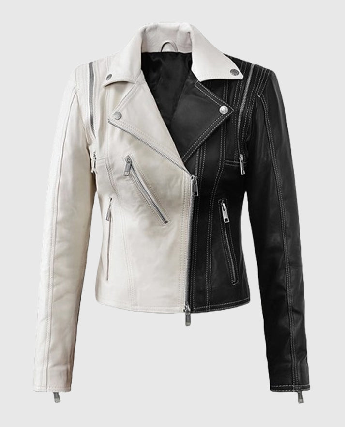 Women's Moto Twister Black and White Leather Jacket