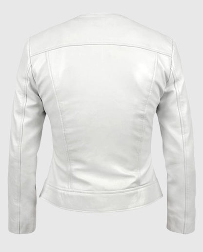 Womens Round Neck White Leather Biker Jacket