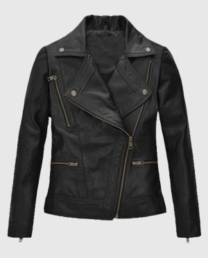 Women's?Black Asymmetrical Biker Leather Jacket