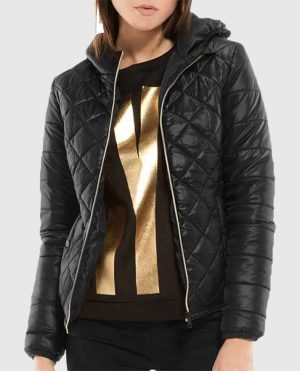 Women?s Quilted Black Hooded Jacket