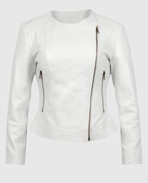 Women's Round Neck White Biker Leather Jacket?