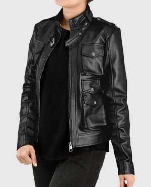 Women?s Black Leather Jacket With Multi-Pocket
